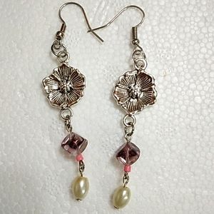 Handmade silver flower and glass bead earrings
